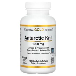 Thực phẩm chức năng California Gold Nutrition Antarctic Krill Oil Omega-3 Phospholipids Complex with Astaxanthin Natural Strawberry and Lemon Flavor 1,000 mg 120 Softgels 898220011025