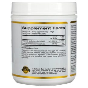 Thực phẩm bổ sung California Gold Nutrition Buffered Gold C Non-Acidic Vitamin C Powder Sodium Ascorbate 1.000 mg 2.2 lb (1 kg) 898220018796
